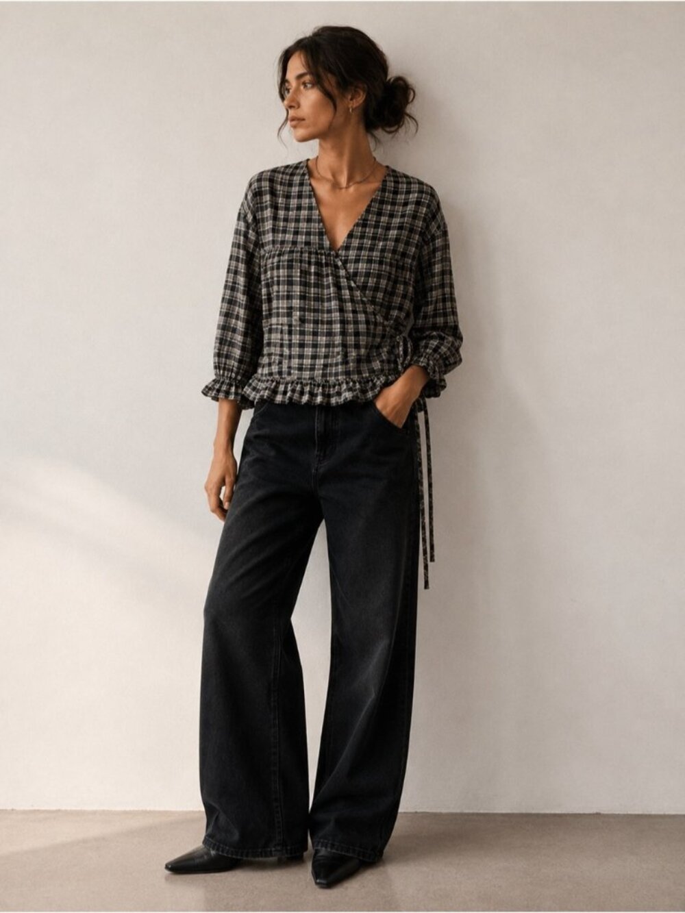 MSCH Copenhagen Plaid Wrap Blouse Women’s Size L Blue Grey Ruffle Hem Top